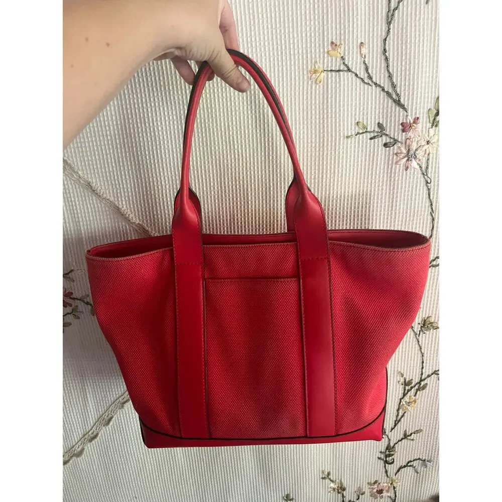 Michael Kors Red Woven Canvas Leather Tote Bag Gold MK Medallion Signature